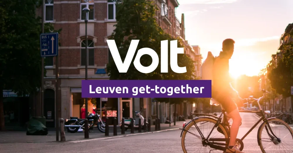 Banner of man on a bike in Leuven. With the text